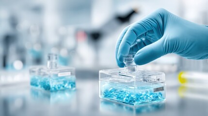 Hand in Blue Glove Handling Lab Container with Transparent Liquid