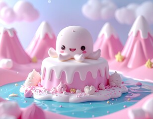 Cute Octopus Cake Decorated with Pink Frosting and Mountains.