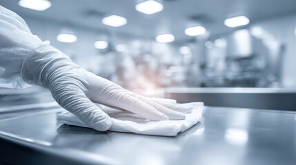 Hand in Glove Cleaning Surface in Modern Commercial Kitchen Setting