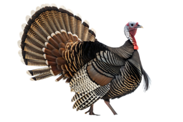A full view of a wild turkey with its feathers spread out against a black background, side profile