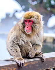 Snow monkey resting on wooden railing