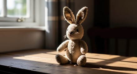 Vintage stuffed rabbit toy sits on a wooden table, bathed in sunlight from a window
