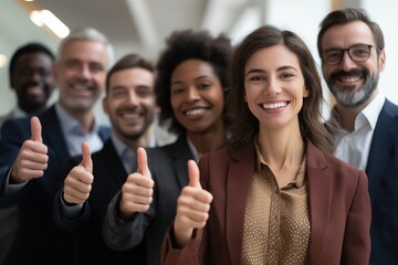 Successful diverse business team showing thumbs up in a modern office