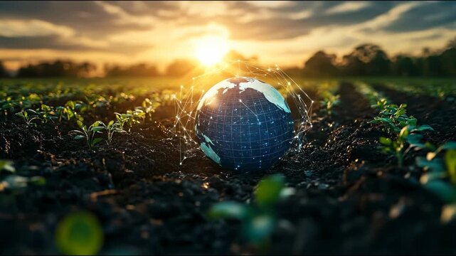 A digital globe representing Earth rests in a fertile agricultural field at sunrise, symbolizing global farming, sustainability, and agritech innovation.