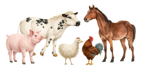 Obraz premium Illustration of a pig, cow, sheep, rooster, and horse standing together on a transparent background