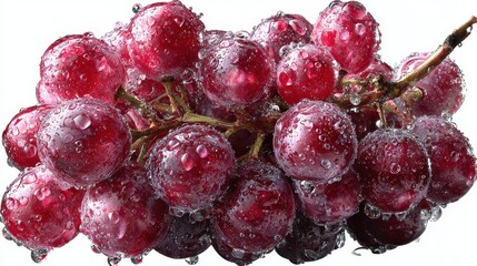 Close up of a bunch of red grapes covered in water droplets against a white background.