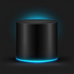 Sleek, black cylinder podium with vibrant blue lighting, creating a modern and sophisticated presentation space.