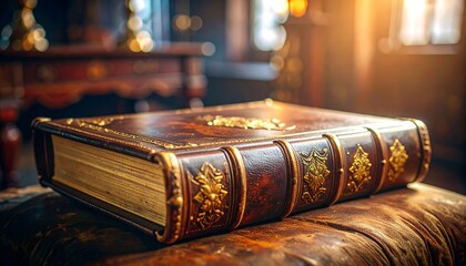 Antique leather-bound book resting on a rich, aged surface, bathed in warm light