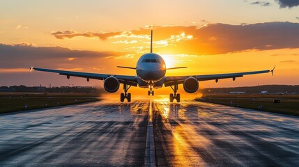 A stunning sunset illuminates an airplane on the runway, creating a vibrant and dramatic scene of air travel.