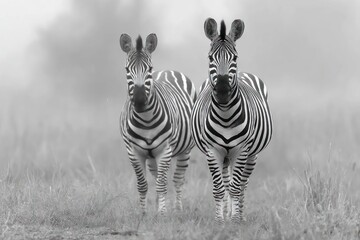 Obraz premium Two zebras stand in a field, their black and white stripes sharply defined against a soft, gray, out-of-focus background.