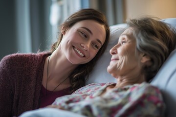 Loving daughter visiting her elderly mother in a hospital or nursing home