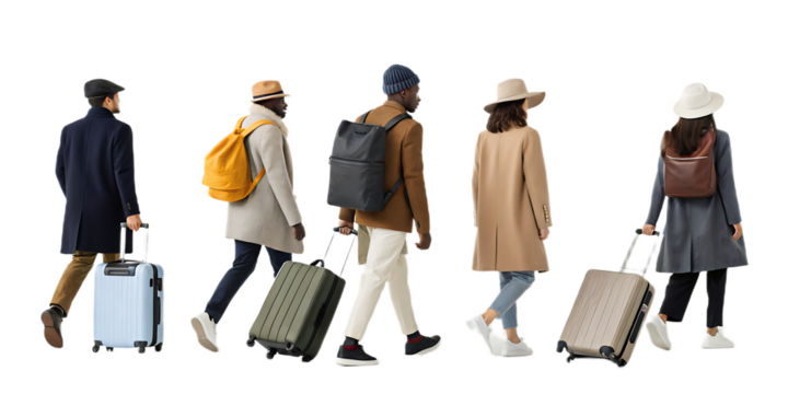 A group of stylish travelers walking with suitcases and backpacks on a black background in a row