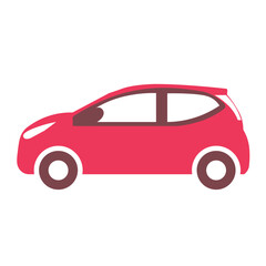 Minimalist flat design red hatchback car icon side view with dark grey windows.