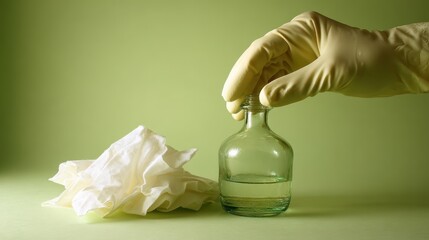 Hand in Yellow Glove Holding Glass Bottle on Green Background