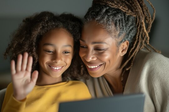 Happy african american mother and daughter on a video call waving at a laptop