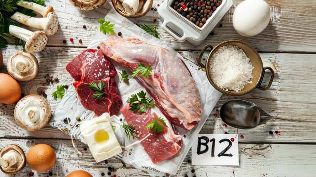 The products contain vitamin B12. Selective focus. food.
