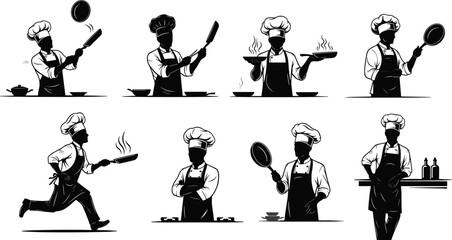 Professional chef silhouettes, cooking in kitchen, culinary art, restaurant food preparation, gourmet cooking, chef uniform, frying pan, culinary teamwork illustration