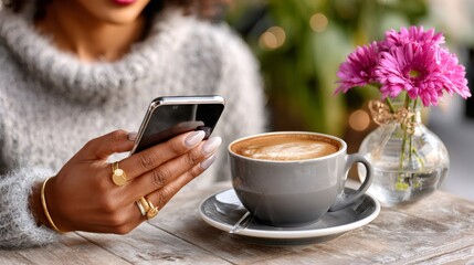 Woman using smartphone in cafe with cappuccino and flowers