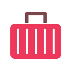 Vibrant red flat design suitcase icon with dark gray handle and white vertical stripes.
