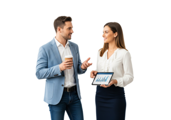 Business Conversation with Coffee and Tablet Displaying Bar Graph on White Background