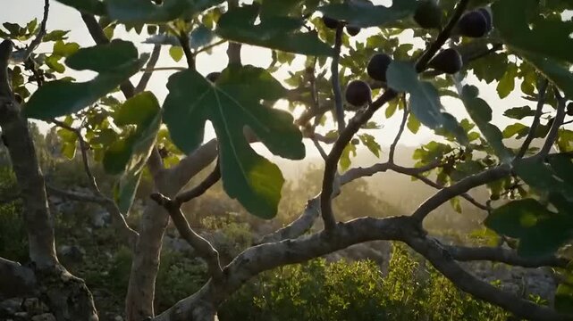 Golden sunlight filtering through the lush leaves of a fig tree in a serene Mediterranean garden