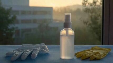 Healthcare Cleaning Supplies with Gloves and Spray Bottle at Sunrise