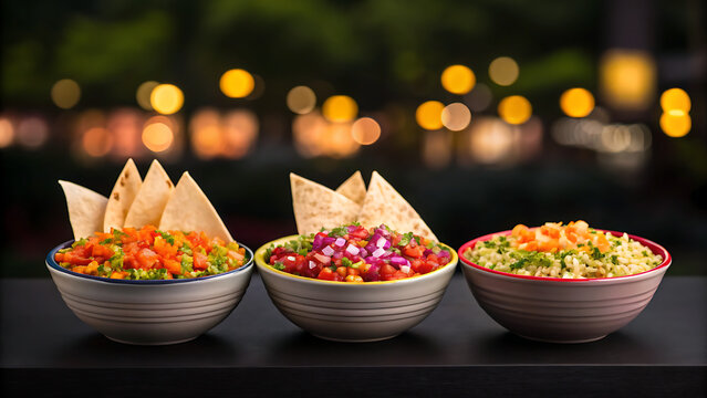Three colorful bowls of fresh salsa and guacamole with tortilla chips served outdoors at night with bokeh lights