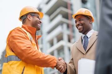 Architect and contractor shaking hands on a construction site