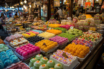 Vibrant Sweet Display in Market: A kaleidoscope of vibrant, colorful sweets and desserts tempt customers at a bustling market.