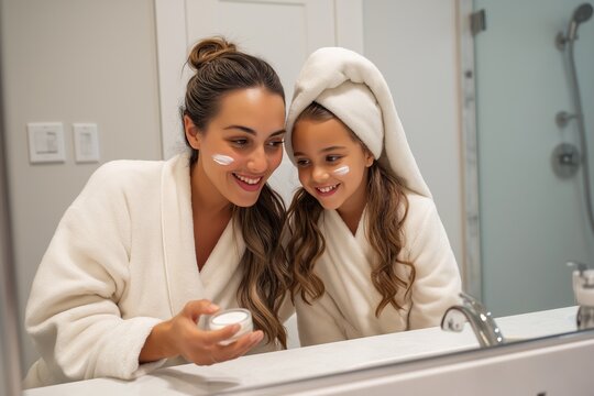 Happy mother and daughter applying face cream together in the bathroom
