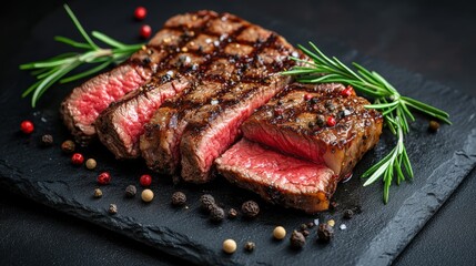 A beautifully cooked steak served on a slate board, garnished with rosemary and scattered peppercorns, showcasing juicy pink slices and a grilled texture.