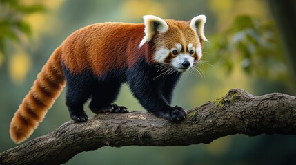 A red panda climbs a branch, showcasing its distinctive reddish-brown fur and playful demeanor in a lush, green setting.