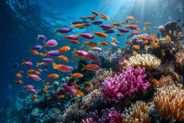 Fototapeta premium Underwater Paradise: A vibrant underwater scene showcasing a kaleidoscope of coral reefs and a school of colorful fish, bathed in the sun's gentle rays.
