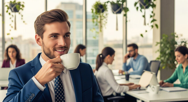 Smiling businessman enjoying coffee in a modern office, with colleagues working in the background