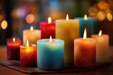A group of colorful burning candles creating a warm and cozy atmosphere