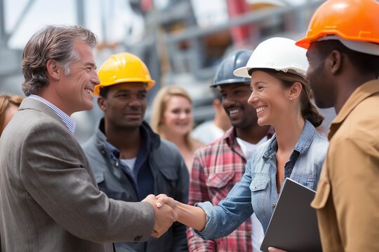 Construction manager shaking hands with a businessman on a building site