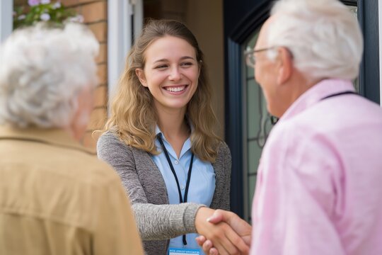 Friendly young caregiver shaking hands with a senior man at the door