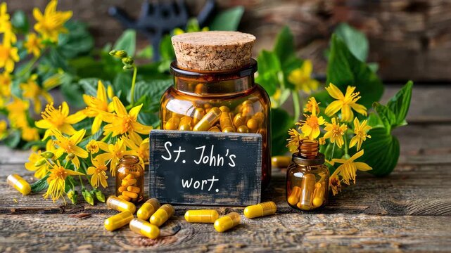St. John's wort flowers capsules and supplements. Selective focus. Nature.