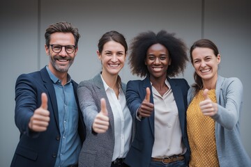 Happy multi-ethnic business team showing a thumbs-up gesture of approval