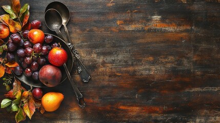 Naklejka premium Fresh Fruits and Rustic Utensils on Dark Wooden Table Surface
