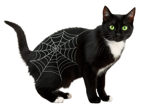 A black cat with a white patch and a spiderweb design on its back standing on a transparent background