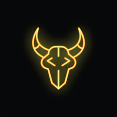 Bright yellow neon sign showing a stylized bull skull with big horns on a black background