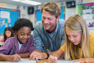 Friendly male teacher assisting two diverse elementary students in the classroom