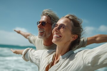 Happy mature couple with arms outstretched enjoying the beach together