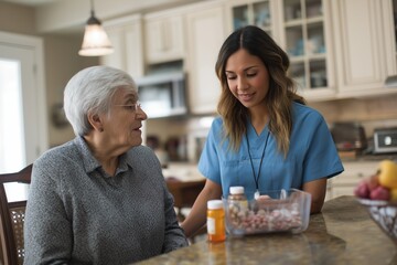 Female caregiver explaining medication to an elderly woman in her kitchen