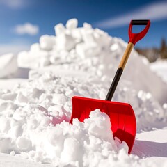 Snow shovel in fresh snow