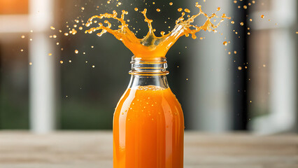 Refreshing orange juice splashing out of a clear glass bottle in a dynamic frozen motion close up