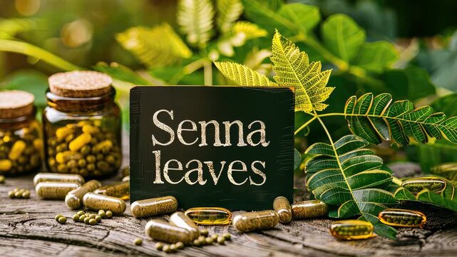 Senna leaves and supplement capsules. Selective focus. nature.