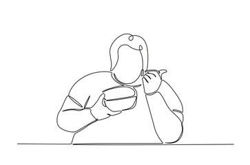 obese woman eating food in continuous one line drawing. Single line art illustration of overweight woman eating junk food, obesity concept. Editable vector.