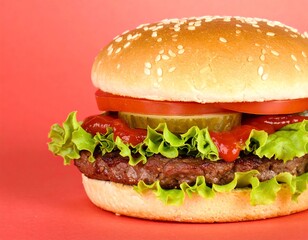 Delicious Juicy Hamburger with Fresh Lettuce and Tomato